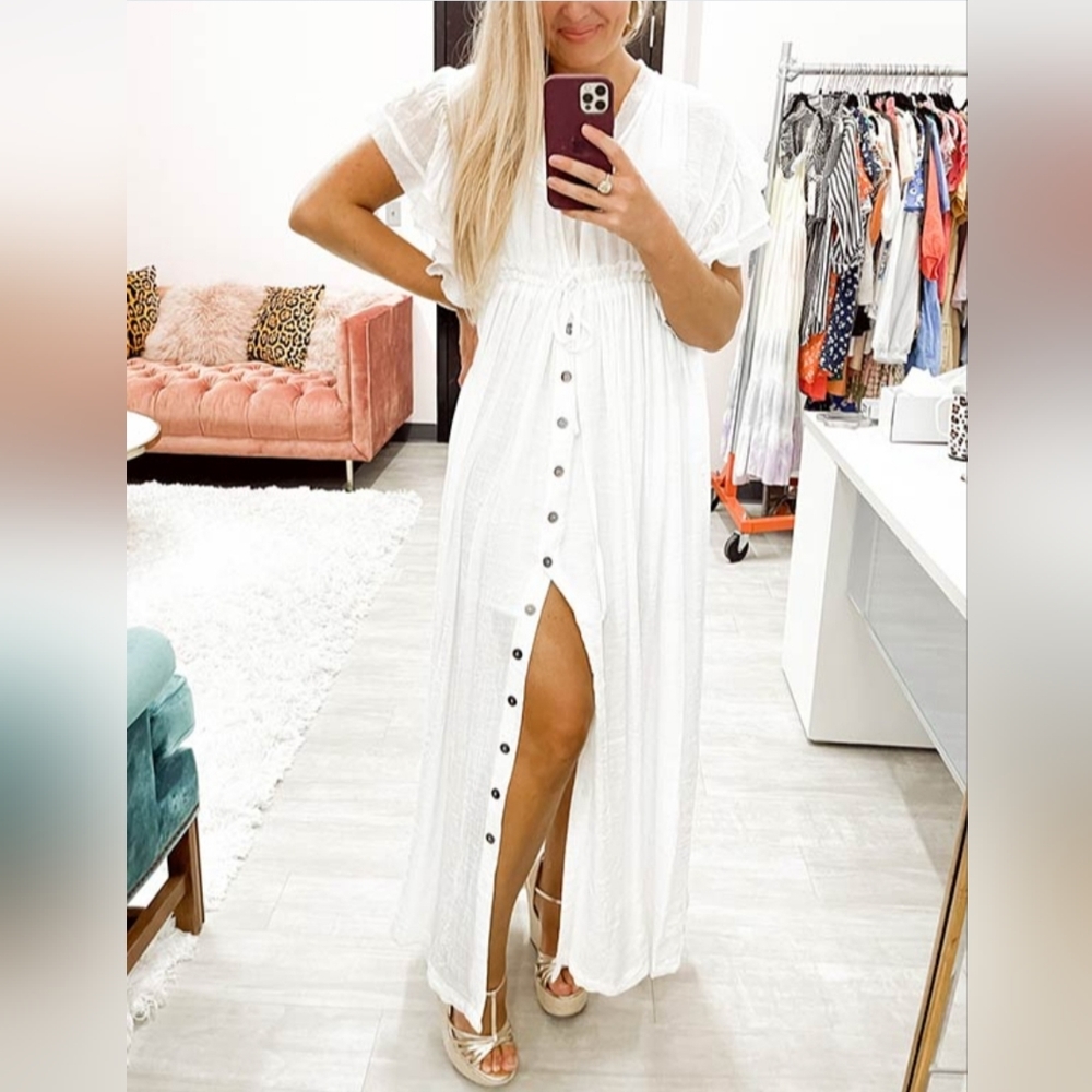 New Boho Gauze Maxi Cover Up Flowy Dress White - Picture 7 of 13